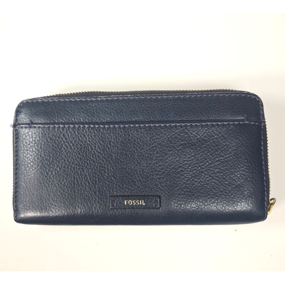 Fossil Navy Blue Leather Zip Around Wallet Organizer Card Slots Gold Hardware